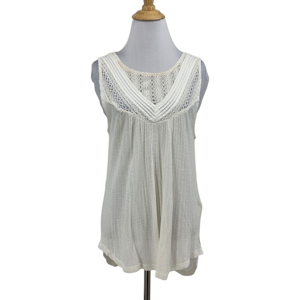 Lucky Brand Tank Top Womens L Large White Pointelle Pieced Lace Yoke Linen Blend
